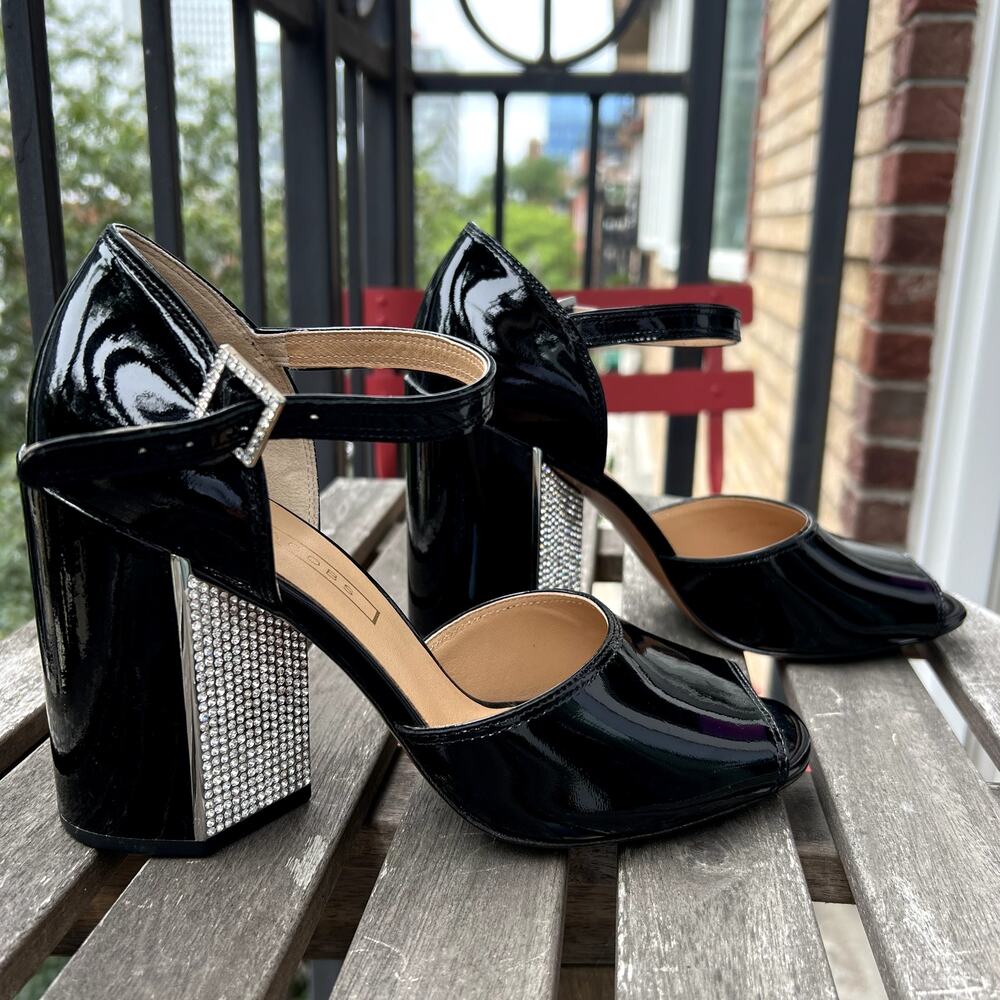 Marc Jacobs Kasia Strass Black Patent Leather Heeled Sandals size 39 crystals SW